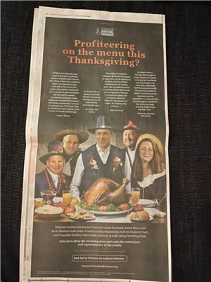 Citizens for Judicial Fairness Places Thanksgiving Print Ad Highlighting Chancery Court Corruption by Delaware Insiders