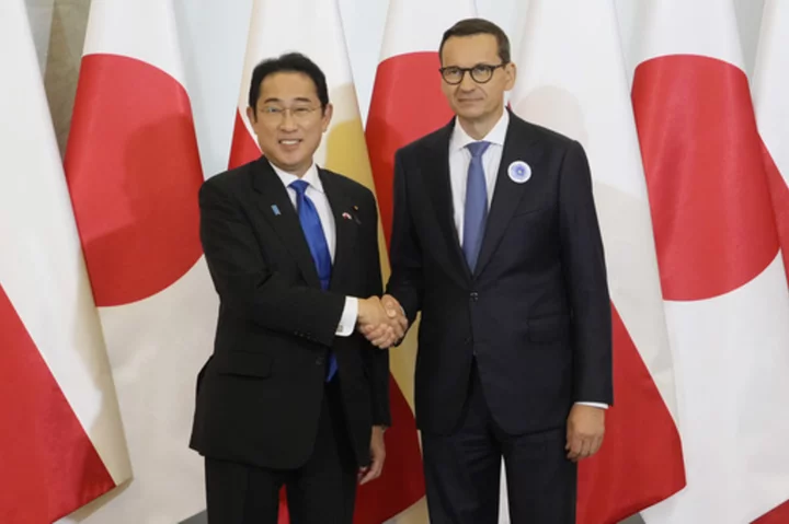 Japan's leader holds security, business talks in Poland on his way to NATO summit