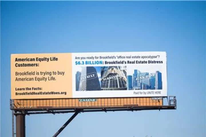 Billboard Near Insurance Regulator Warns Against Brookfield’s Potential Takeover of American Equity Life Insurance, Citing UNITE HERE Report